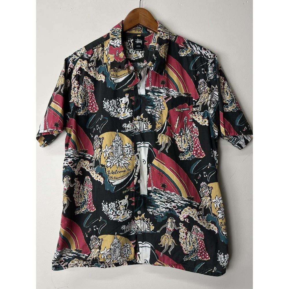 Vintage Stussy Hawaiian Button Up Shirt Mens Medium Aloha Welcome To The Islands
